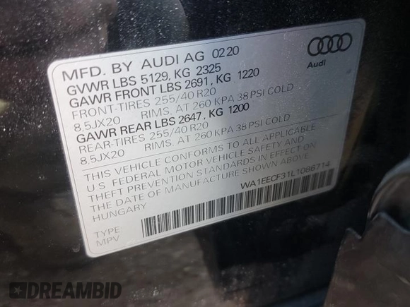 2020 Audi Q3 S line Premium Plus z VIN WA1EECF31L1086714, wystawiony jako Copart lot #42348255 z przebiegiem 58 426 mil mil oraz Szkoda całkowita • Salvage title. Historia ofert i sprzedaży dostępna na DreamBid. Obrazek 13.