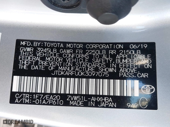 2019 Toyota Prius L Eco with VIN JTDKARFU0K3097075, listed as a IAAI auction lot 41751482 with 16,558 mi miles. Bid and sale history available at carsss.com. Image 9.