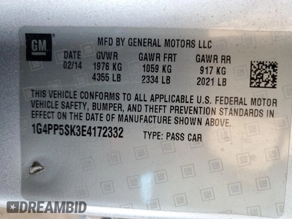 2014 Buick Verano with VIN 1G4PP5SK3E4172332, listed as a Copart auction lot 63530065 with 178,824 mi miles and Clean title. Bid and sale history available at DreamBid. Image 12.
