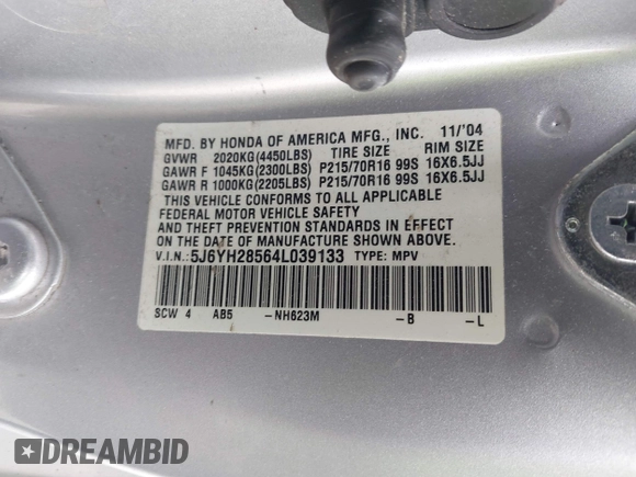2004 Honda Element EX with VIN 5J6YH28564L039133, listed as a IAAI auction lot 41833130 with Not Provided miles and . Bid and sale history available at DreamBid. Image 9.