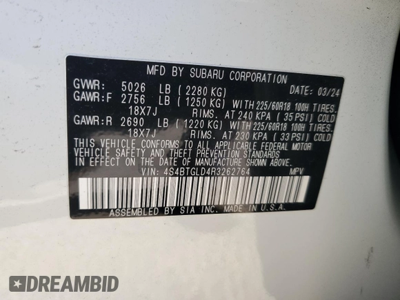 2024 Subaru Outback Onyx XT with VIN 4S4BTGLD4R3262764, listed as a Copart auction lot 80206004 with 5,556 mi miles and Salvage title. Bid and sale history available at DreamBid. Image 14.
