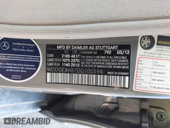 2013 Mercedes-Benz C-Class C 300 Sport with VIN WDDGF8AB7DG100594, listed as a IAAI auction lot 42108135 with 135,190 mi miles. Bid and sale history available at carsss.com. Image 9.
