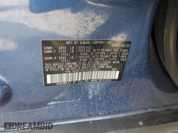 2022 Subaru Outback z VIN 4S4BTAAC5N3259812, wystawiony jako Copart lot #54442425 z przebiegiem 49 695 mil mil oraz Szkoda całkowita • Salvage title. Historia ofert i sprzedaży dostępna na DreamBid. Obrazek 12.