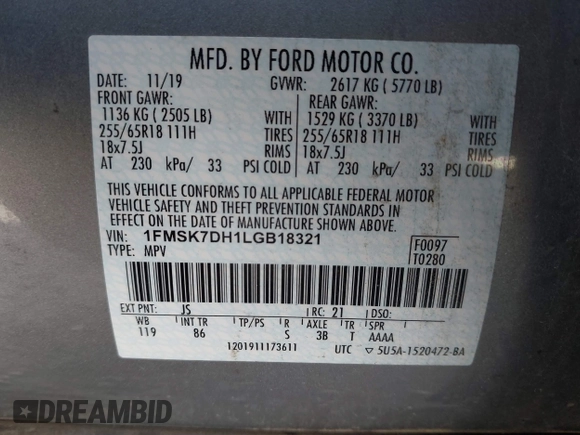 2020 Ford Explorer XLT with VIN 1FMSK7DH1LGB18321, listed as a IAAI auction lot 41339915 with 142,756 mi miles. Bid and sale history available at carsss.com. Image 9.