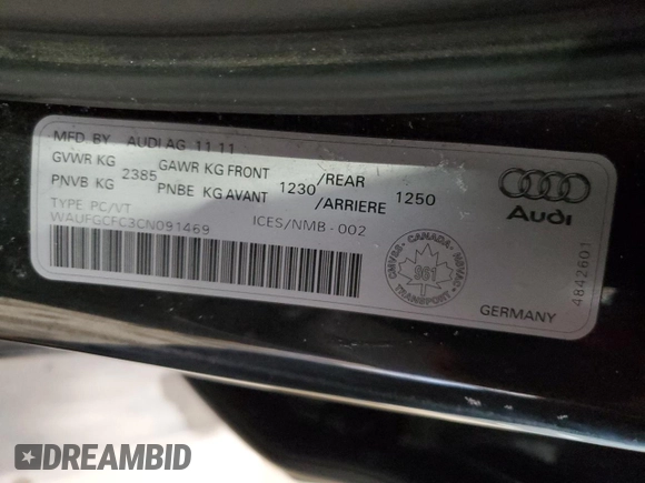 2012 Audi A6 z VIN WAUFGCFC3CN091469, wystawiony jako Copart lot #43750915 z przebiegiem 146 850 mil mil oraz Szkoda całkowita • Salvage title. Historia ofert i sprzedaży dostępna na DreamBid. Obrazek 12.
