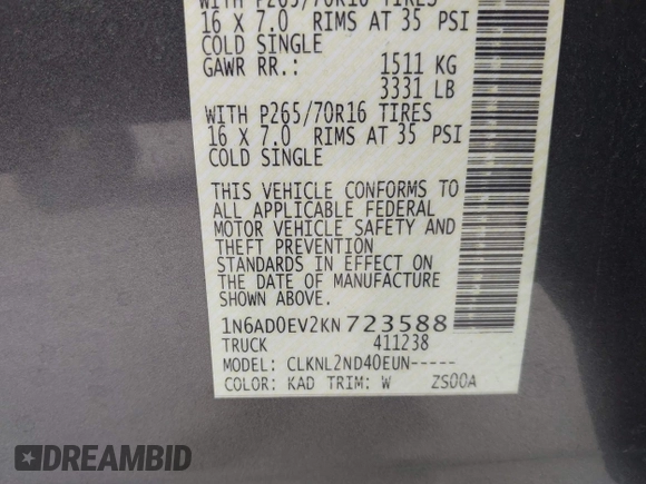 2019 Nissan Frontier SV with VIN 1N6AD0EV2KN723588, listed as a IAAI auction lot 42405233 with 79,310 mi miles and . Bid and sale history available at DreamBid. Image 9.