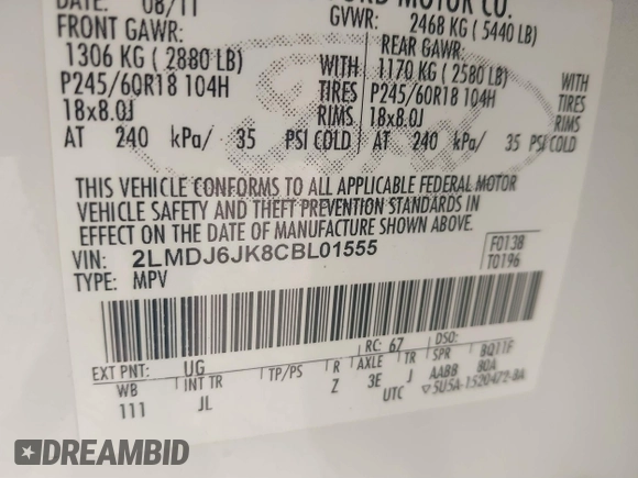 2012 Lincoln MKX with VIN 2LMDJ6JK8CBL01555, listed as a IAAI auction lot 41723407 with 111,370 mi miles. Bid and sale history available at carsss.com. Image 9.