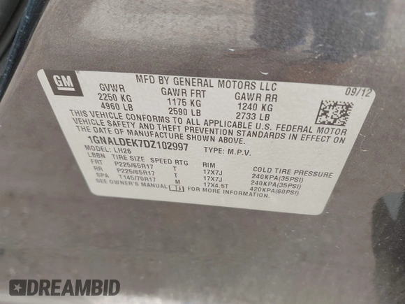 2013 Chevrolet Equinox LT with VIN 1GNALDEK7DZ102997, listed as a IAAI auction lot 42195396 with 170,040 mi miles and . Bid and sale history available at DreamBid. Image 9.