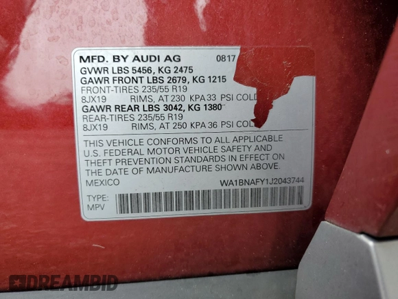 2018 Audi Q5 Premium Plus with VIN WA1BNAFY1J2043744, listed as a Copart auction lot 60854055 with 95,595 mi miles and Clean title. Bid and sale history available at DreamBid. Image 14.