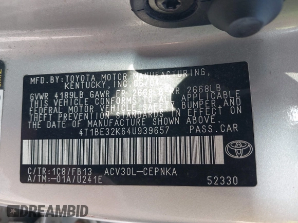 2004 Toyota Camry LE z VIN 4T1BE32K64U939657, wystawiony jako IAAI lot #42539274 z przebiegiem 271 429 mil mil oraz . Historia ofert i sprzedaży dostępna na DreamBid. Obrazek 9.
