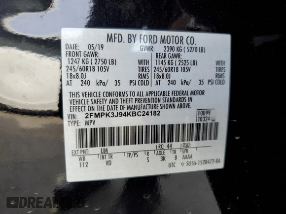 2019 Ford Edge SEL with VIN 2FMPK3J94KBC24182, listed as a Copart auction lot 45706015 with 18,828 mi miles and Salvage Title. Bid and sale history available at carsss.com. Image 12.