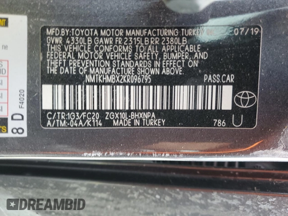 2019 Toyota C-HR XLE z VIN NMTKHMBX2KR096795, wystawiony jako Copart lot #51121655 z przebiegiem 39 679 mil mil oraz Nie do naprawy • Non repairable. Historia ofert i sprzedaży dostępna na DreamBid. Obrazek 12.