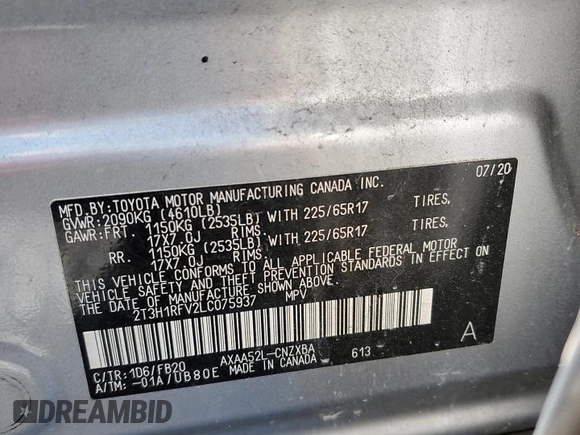 2020 Toyota RAV4 LE with VIN 2T3H1RFV2LC075937, listed as a Copart auction lot 53425835 with 71,953 mi miles and Salvage Title. Bid and sale history available at carsss.com. Image 14.