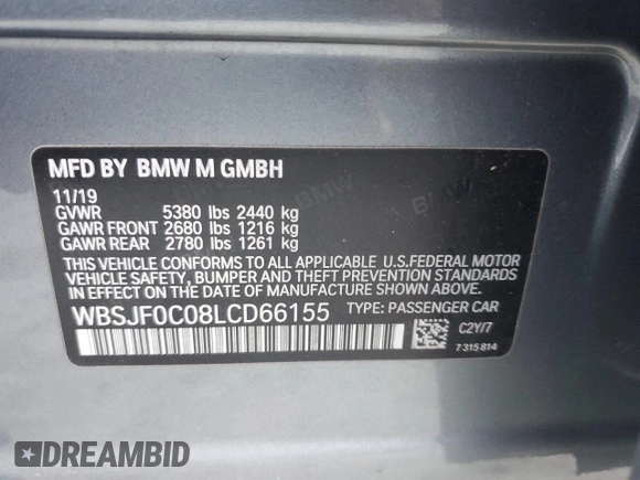 2020 BMW M5 Competition with VIN WBSJF0C08LCD66155, listed as a Copart auction lot 46107325 with 56,185 mi miles and Salvage Title. Bid and sale history available at carsss.com. Image 13.