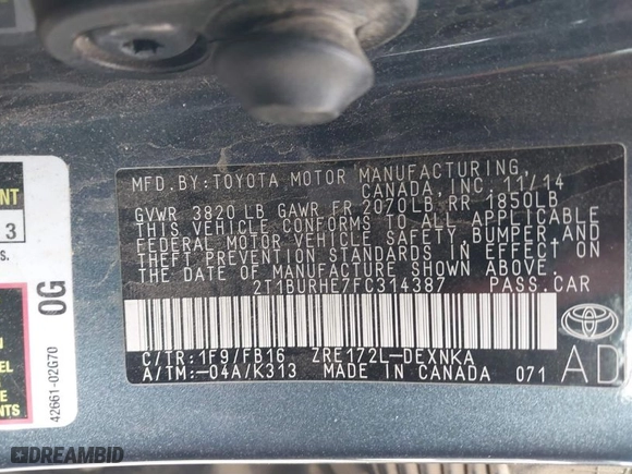 2015 Toyota Corolla L with VIN 2T1BURHE7FC314387, listed as a IAAI auction lot 41774569 with 1 mi miles. Bid and sale history available at carsss.com. Image 9.