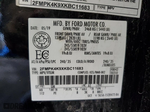 2019 Ford Edge Titanium with VIN 2FMPK4K9XKBC11683, listed as a Copart auction lot 50772945 with 114,006 mi miles and Salvage Title. Bid and sale history available at carsss.com. Image 15.