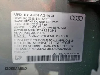 2024 Audi Q3 S line Premium Plus with VIN WA1EECF33R1047616, listed as a Copart auction lot 60154045 with 12,626 mi miles and Salvage title. Bid and sale history available at DreamBid. Image 14.