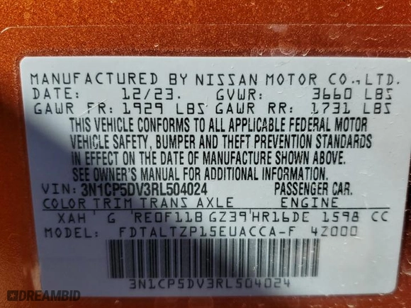 2024 Nissan Kicks SR with VIN 3N1CP5DV3RL504024, listed as a Copart auction lot 48327655 with 9,588 mi miles and Salvage Title. Bid and sale history available at carsss.com. Image 13.