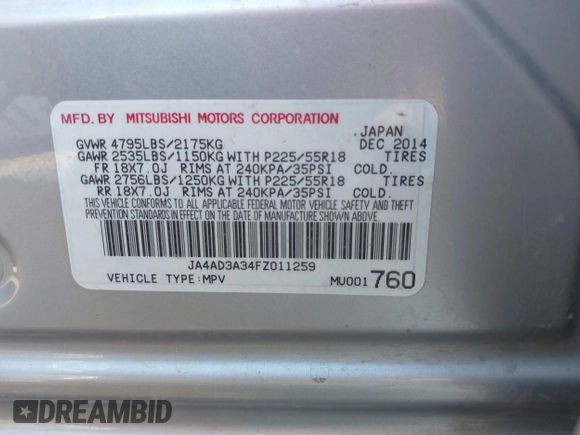 2015 Mitsubishi Outlander SE with VIN JA4AD3A34FZ011259, listed as a IAAI auction lot 41290830 with 88,147 mi miles and . Bid and sale history available at DreamBid. Image 9.