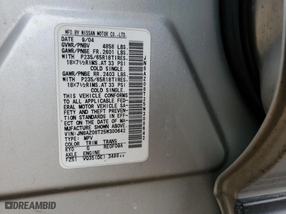 2005 Nissan Murano SL with VIN JN8AZ08T25W300642, listed as a Copart auction lot 44338145 with 169,912 mi miles and Salvage Title. Bid and sale history available at carsss.com. Image 14.