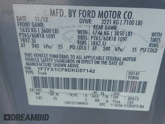 2013 Ford F-150 XL with VIN 1FTFX1CF8DKD57142, listed as a IAAI auction lot 41213305 with 157,031 mi miles. Bid and sale history available at carsss.com. Image 9.