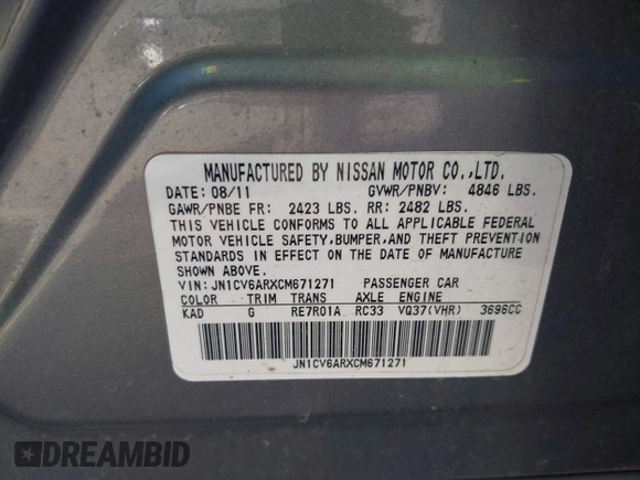 2012 Infiniti G37 x with VIN JN1CV6ARXCM671271, listed as a IAAI auction lot 41750450 with 196,004 mi miles and . Bid and sale history available at carsss.com. Image 9.