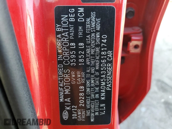 2013 Kia Rio LX with VIN KNADM5A35D6181740, listed as a Copart auction lot 70501354 with 111,062 mi miles and Salvage Title. Bid and sale history available at DreamBid. Image 13.
