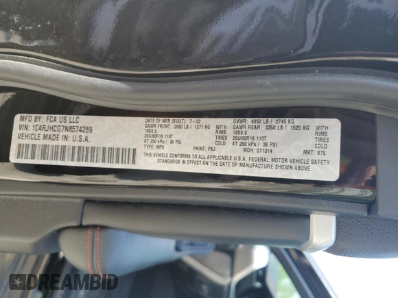 2022 Jeep Grand Cherokee Trailhawk with VIN 1C4RJHCG7N8574289, listed as a Copart auction lot 56333165 with 23,522 mi miles and Salvage title. Bid and sale history available at DreamBid. Image 14.