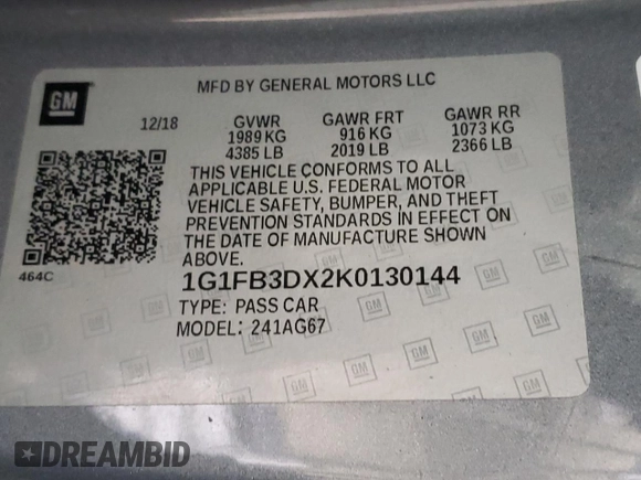 2019 Chevrolet Camaro 1LT with VIN 1G1FB3DX2K0130144, listed as a Copart auction lot 87175444 with 0 mi miles and Clean Title. Bid and sale history available at carsss.com. Image 13.