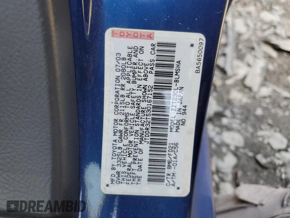 2003 Toyota Celica GT z VIN JTDDR32T530167152, wystawiony jako Copart lot #47235825 z przebiegiem 141 513 mil mil oraz Szkoda całkowita • Salvage title. Historia ofert i sprzedaży dostępna na DreamBid. Obrazek 13.