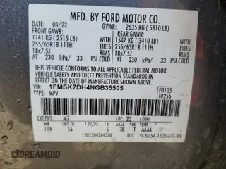 2022 Ford Explorer XLT with VIN 1FMSK7DH4NGB35505, listed as a Copart auction lot 51977355 with 38,009 mi miles and Non Repairable. Bid and sale history available at carsss.com. Image 13.