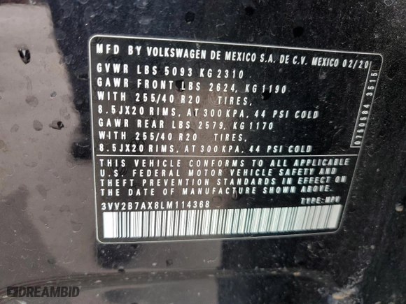 2020 Volkswagen Tiguan SE with VIN 3VV2B7AX8LM114368, listed as a Copart auction lot 50949875 with 69,046 mi miles and Salvage Title. Bid and sale history available at carsss.com. Image 14.