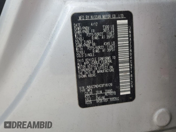 2012 Infiniti QX56 8-passenger with VIN JN8AZ2ND4C9716129, listed as a Copart auction lot 45750875 with 216,312 mi miles and Salvage Title. Bid and sale history available at carsss.com. Image 13.