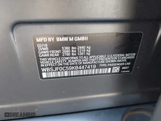 2019 BMW M5 Competition with VIN WBSJF0C59KB447419, listed as a IAAI auction lot 41997505 with 1 mi miles. Bid and sale history available at carsss.com. Image 9.