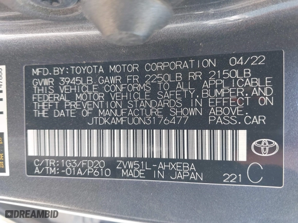 2022 Toyota Prius L Eco with VIN JTDKAMFU0N3176477, listed as a IAAI auction lot 41675066 with 49,483 mi miles. Bid and sale history available at carsss.com. Image 9.