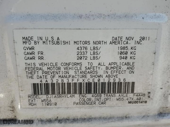 2012 Mitsubishi Galant ES with VIN 4A32B3FFXCE012936, listed as a Copart auction lot 87858195 with 113,168 mi miles and Salvage Title. Bid and sale history available at carsss.com. Image 12.
