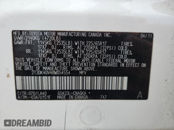 2011 Toyota RAV4 Limited с VIN 2T3DK4DV4BW054554, выставлен на аукционе Copart как лот 62896815 с пробегом 219 107 миль миль и Чистый • Clean title. История ставок и продаж доступна на DreamBid. Изображение 12.