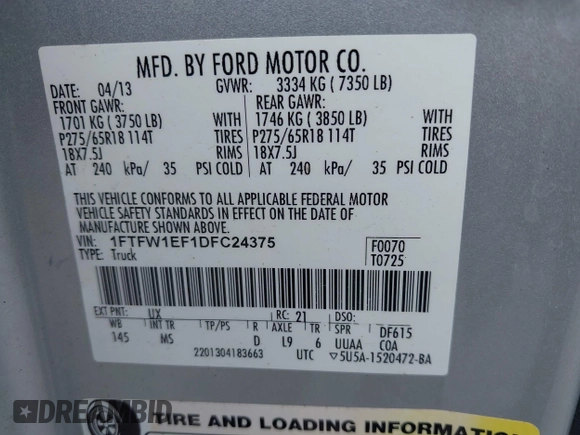 2013 Ford F-150 XL with VIN 1FTFW1EF1DFC24375, listed as a IAAI auction lot 41977313 with 326,090 mi miles. Bid and sale history available at carsss.com. Image 9.
