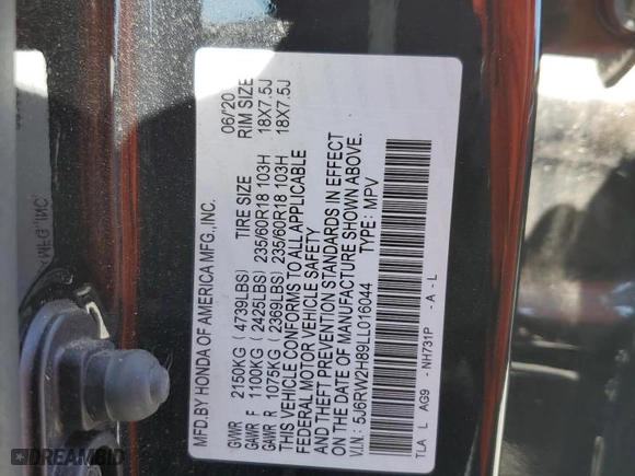 2020 Honda CR-V EX-L with VIN 5J6RW2H89LL016044, listed as a Copart auction lot 49769545 with 51,879 mi miles and Salvage Title. Bid and sale history available at carsss.com. Image 14.