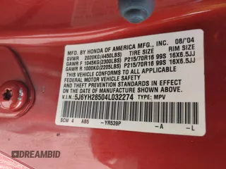 2004 Honda Element EX with VIN 5J6YH28504L032274, listed as a IAAI auction lot 42218340 with 151,210 mi miles and . Bid and sale history available at DreamBid. Image 9.