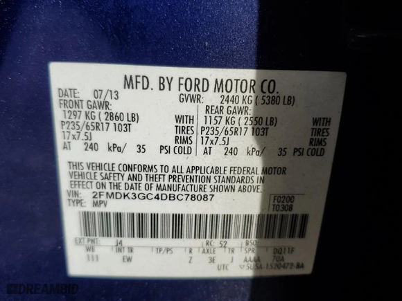 2013 Ford Edge SE with VIN 2FMDK3GC4DBC78087, listed as a Copart auction lot 49721555 with 138,856 mi miles and Salvage Title. Bid and sale history available at carsss.com. Image 12.