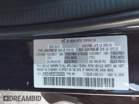 2014 Mazda CX-5 Sport with VIN JM3KE4BE6E0388909, listed as a IAAI auction lot 41876514 with 196,882 mi miles. Bid and sale history available at carsss.com. Image 9.