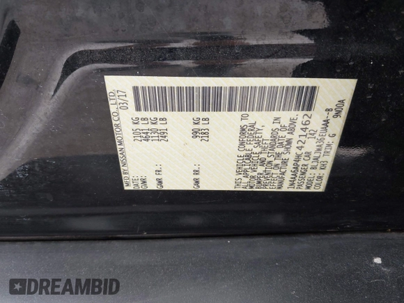 2017 Nissan Maxima SV with VIN 1N4AA6AP4HC421462, listed as a IAAI auction lot 41729354 with 82,910 mi miles and . Bid and sale history available at DreamBid. Image 9.