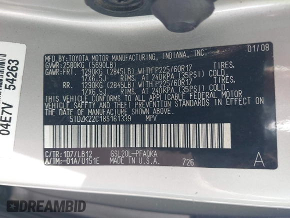 2008 Toyota Sienna XLE with VIN 5TDZK22C18S161339, listed as a IAAI auction lot 41449450 with 202,512 mi miles. Bid and sale history available at carsss.com. Image 9.