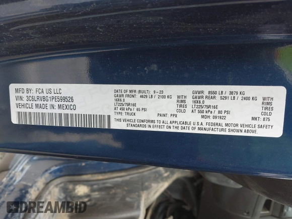 2023 Ram ProMaster Cargo with VIN 3C6LRVBG1PE599526, listed as a IAAI auction lot 41910156 with 1,504 mi miles. Bid and sale history available at carsss.com. Image 9.