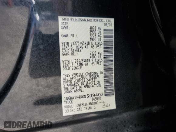 2016 Nissan Titan SL z VIN 1N6BA1F4XGN509402, wystawiony jako Copart lot #52410795 z przebiegiem 37 421 mil mil oraz Szkoda całkowita • Salvage title. Historia ofert i sprzedaży dostępna na DreamBid. Obrazek 12.