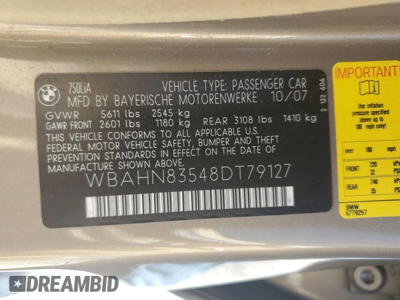 2008 BMW 7 Series 750Li with VIN WBAHN83548DT79127, listed as a Copart auction lot 53296435 with 116,915 mi miles and Clean title. Bid and sale history available at DreamBid. Image 12.