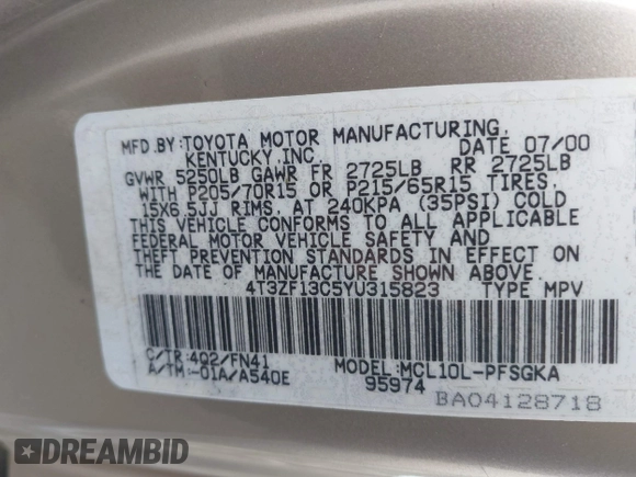 2000 Toyota Sienna LE with VIN 4T3ZF13C5YU315823, listed as a IAAI auction lot 42232438 with 248,010 mi miles and . Bid and sale history available at DreamBid. Image 9.