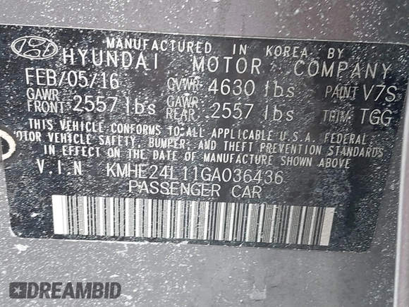 2016 Hyundai Sonata SE with VIN KMHE24L11GA036436, listed as a IAAI auction lot 41463969 with Not Provided miles and . Bid and sale history available at carsss.com. Image 9.
