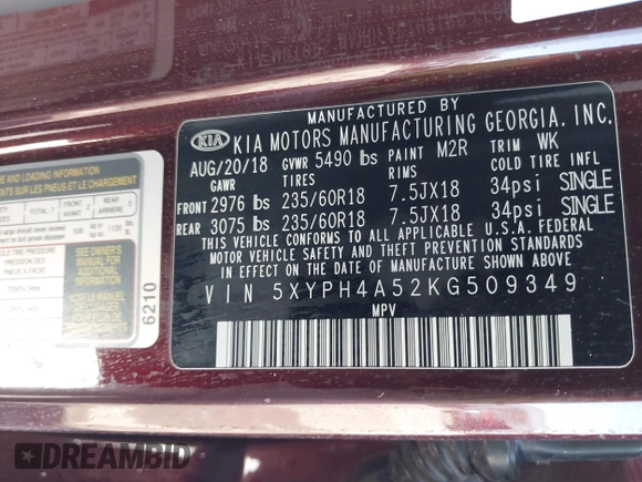 2019 Kia Sorento EX Sport with VIN 5XYPH4A52KG509349, listed as a IAAI auction lot 42244984 with 96,761 mi miles and . Bid and sale history available at DreamBid. Image 9.